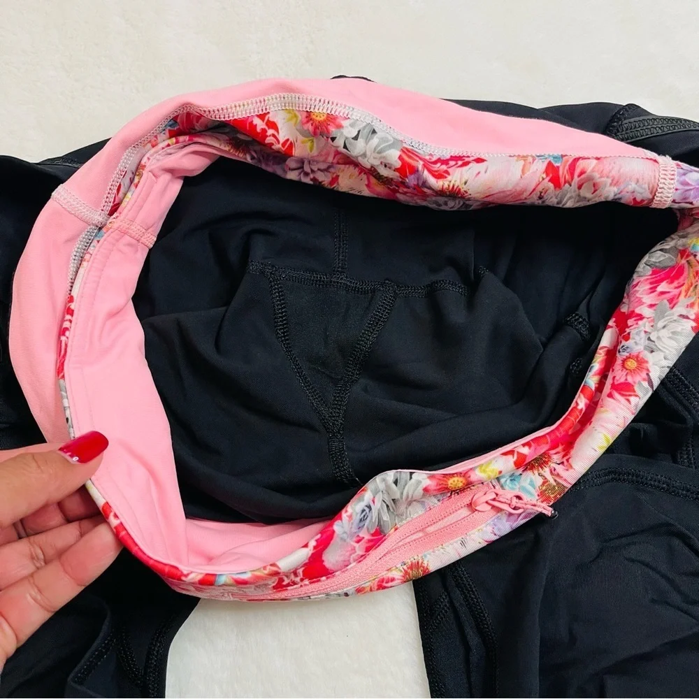 lululemon Cropped Black and Pink Floral Waistband Leggings
